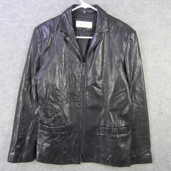 Jones New York Leather Jacket Womens Petite Medium Black Zip Front Notch Lapel - Picture 1 of 7